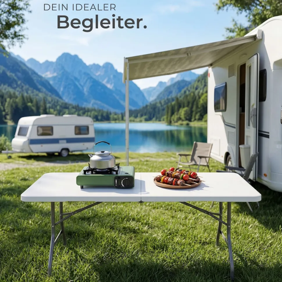 tectake® Campingtisch, klappbar, wetterfest, 120 kg Belastbarkeit, gummierter Tragegriff