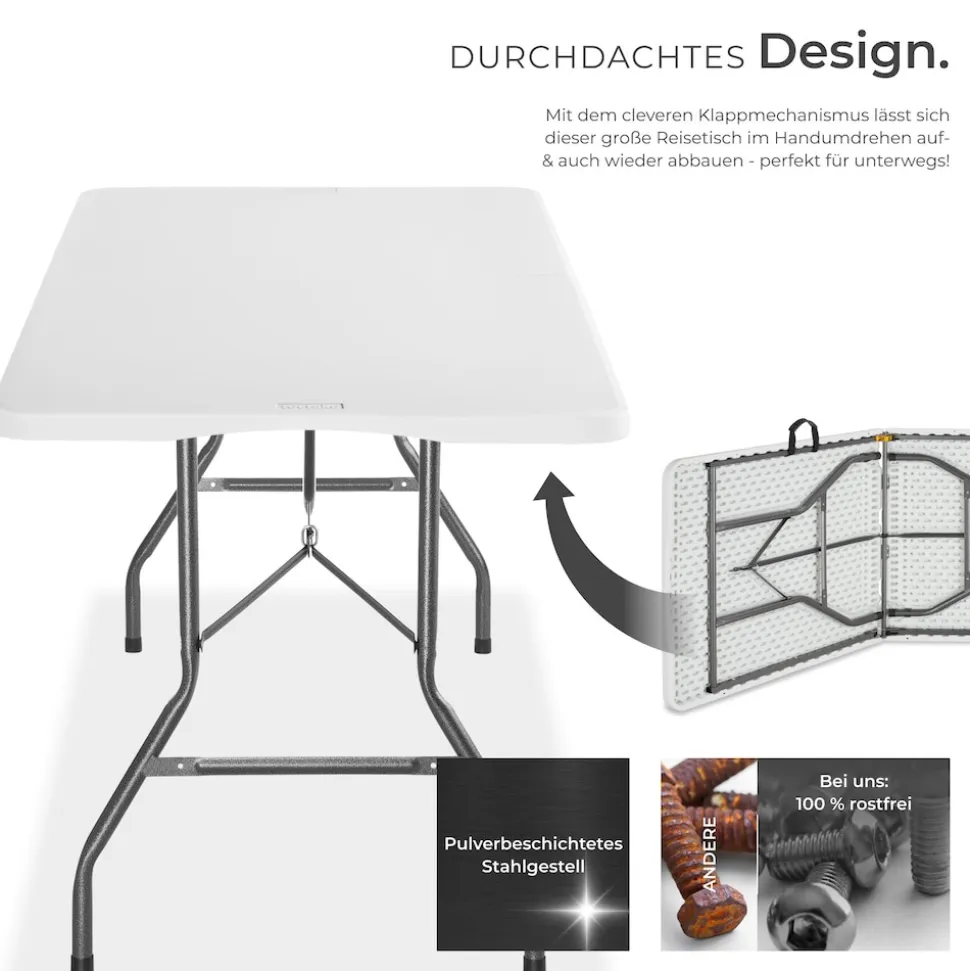 tectake® Campingtisch, klappbar, wetterfest, 120 kg Belastbarkeit, gummierter Tragegriff