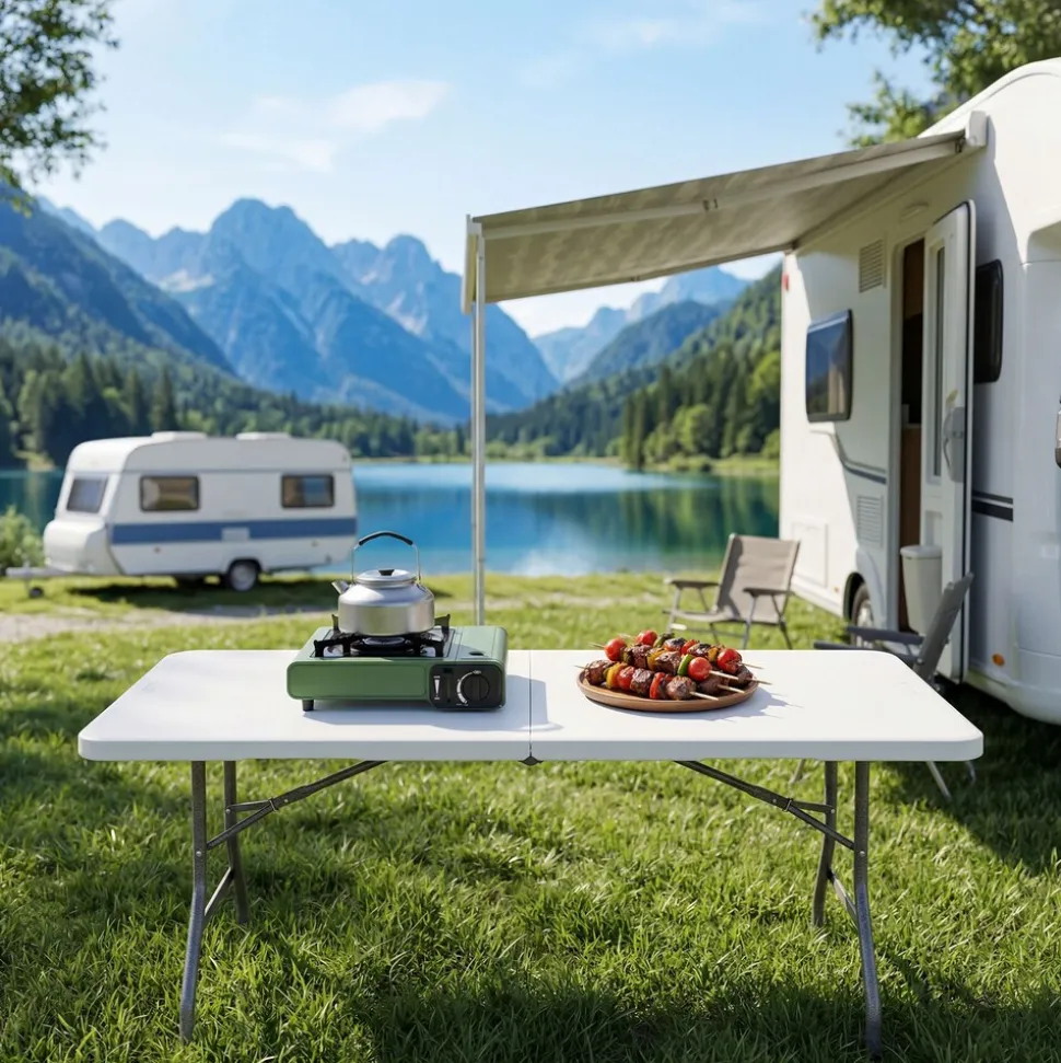 tectake® Campingtisch, klappbar, wetterfest, 120 kg Belastbarkeit, gummierter Tragegriff