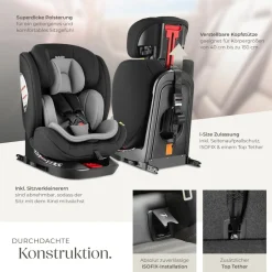 tectake® Drehbarer Autositz, i-Size Zulassung, ISOFIX-Installation und Top Tether, mit Seitenaufprallschutz, längenverstellbarer 5-Punkt-Gurt, höhenverstellbare Kopfstütze, ab Geburt bis 150 cm, Belastbarkeit 36 kg