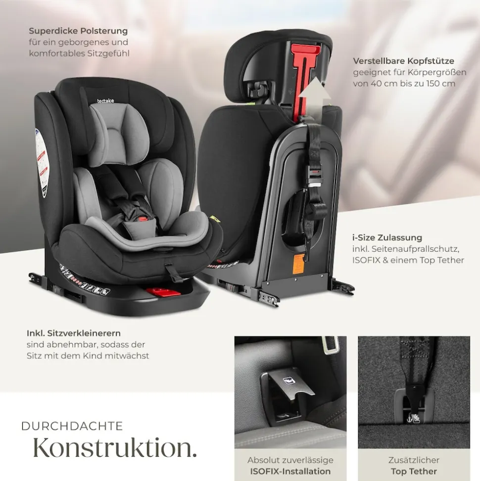tectake® Drehbarer Autositz, i-Size Zulassung, ISOFIX-Installation und Top Tether, mit Seitenaufprallschutz, längenverstellbarer 5-Punkt-Gurt, höhenverstellbare Kopfstütze, ab Geburt bis 150 cm, Belastbarkeit 36 kg