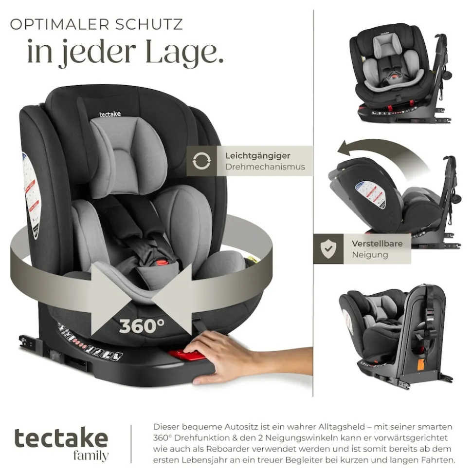 tectake® Drehbarer Autositz, i-Size Zulassung, ISOFIX-Installation und Top Tether, mit Seitenaufprallschutz, längenverstellbarer 5-Punkt-Gurt, höhenverstellbare Kopfstütze, ab Geburt bis 150 cm, Belastbarkeit 36 kg