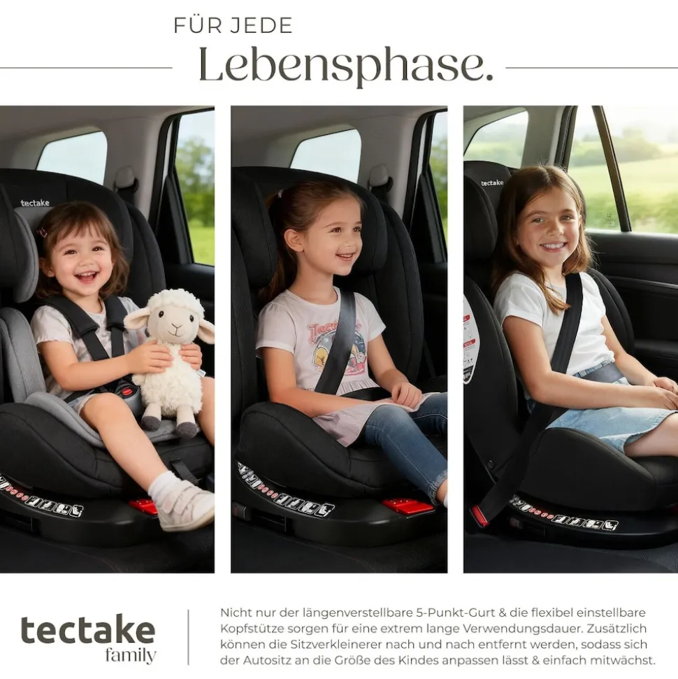 tectake® Drehbarer Autositz, i-Size Zulassung, ISOFIX-Installation und Top Tether, mit Seitenaufprallschutz, längenverstellbarer 5-Punkt-Gurt, höhenverstellbare Kopfstütze, ab Geburt bis 150 cm, Belastbarkeit 36 kg