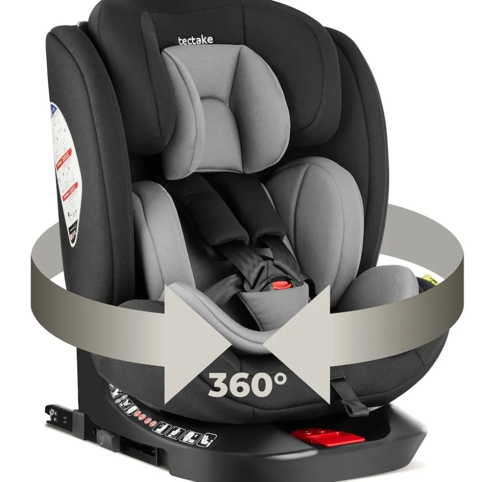 tectake® Drehbarer Autositz, i-Size Zulassung, ISOFIX-Installation und Top Tether, mit Seitenaufprallschutz, längenverstellbarer 5-Punkt-Gurt, höhenverstellbare Kopfstütze, ab Geburt bis 150 cm, Belastbarkeit 36 kg