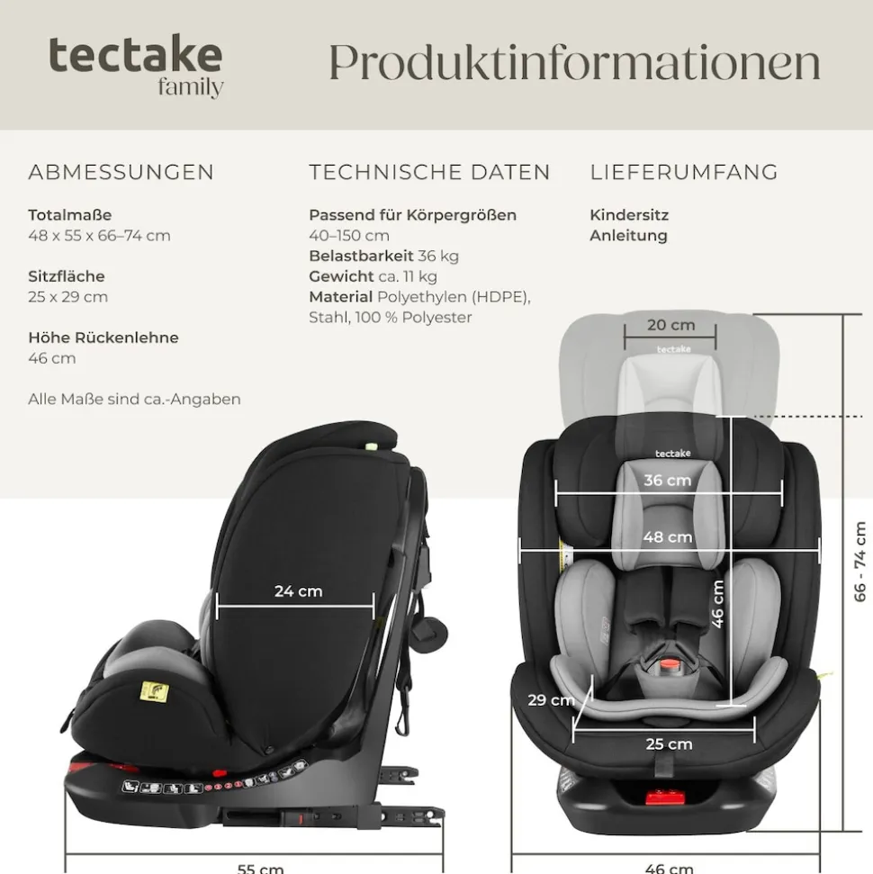 tectake® Drehbarer Autositz, i-Size Zulassung, ISOFIX-Installation und Top Tether, mit Seitenaufprallschutz, längenverstellbarer 5-Punkt-Gurt, höhenverstellbare Kopfstütze, ab Geburt bis 150 cm, Belastbarkeit 36 kg