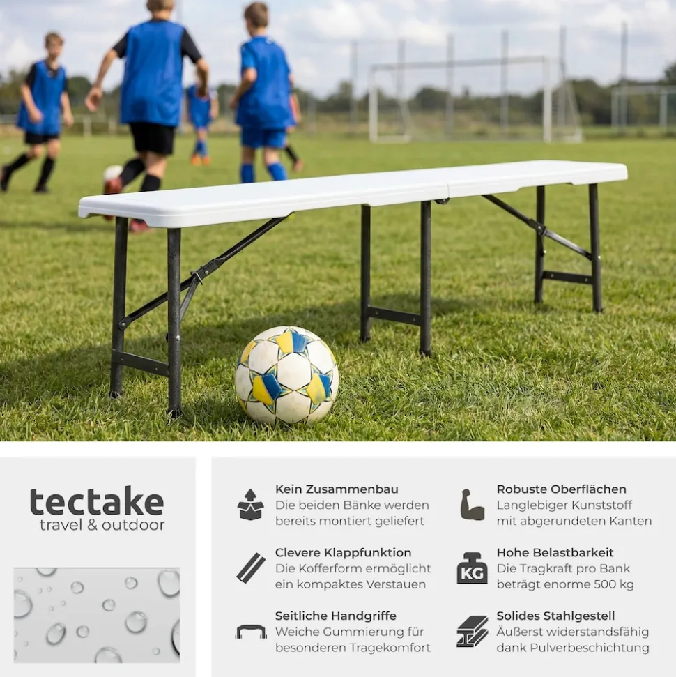 tectake® 2er Set Campingklappbank, wetterfest, je 500 kg belastbar, bis zu 8 Personen, gummierte Tragegriffe