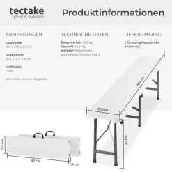 tectake® 2er Set Campingklappbank, wetterfest, je 500 kg belastbar, bis zu 8 Personen, gummierte Tragegriffe