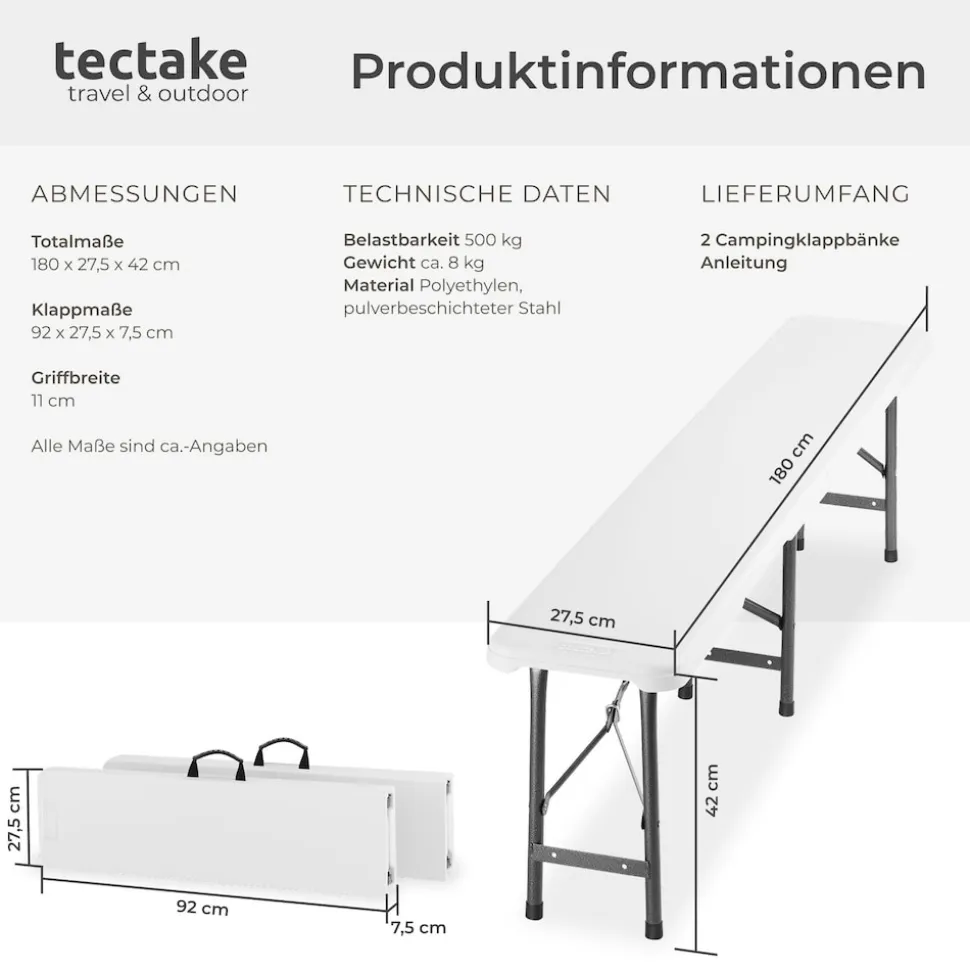 tectake® 2er Set Campingklappbank, wetterfest, je 500 kg belastbar, bis zu 8 Personen, gummierte Tragegriffe