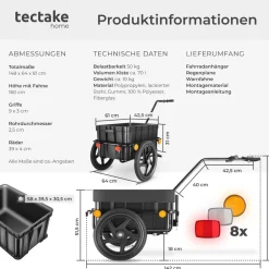tectake® Fahrradanhänger, 2 in 1 multifunktional, luftgefüllte Profilreifen mit Kugellager, Belastbarkeit 50 kg, 70 Liter, ca. 148 x 64 x 81 cm