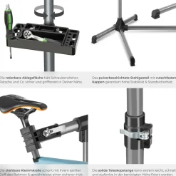 tectake® Fahrradmontageständer, für alle gängigen Modelle, lackschonend, inklusive Werkzeugablage mit Montageschlüssel