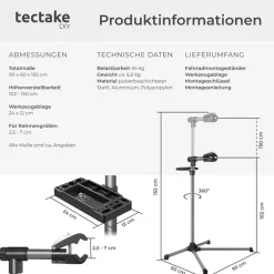 tectake® Fahrradmontageständer, für alle gängigen Modelle, lackschonend, inklusive Werkzeugablage mit Montageschlüssel