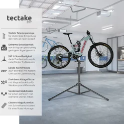 tectake® Fahrradmontageständer, Belastbarkeit 50 kg, klappbar mit Schnellverschlüssen, lackschonend, inklusive Vorderrad-Stabilisator und magnetischer Werkzeugablage