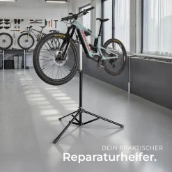 tectake® Fahrradmontageständer, Belastbarkeit 50 kg, klappbar mit Schnellverschlüssen, lackschonend, inklusive Vorderrad-Stabilisator und magnetischer Werkzeugablage