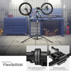 tectake® Fahrradmontageständer, Belastbarkeit 50 kg, klappbar mit Schnellverschlüssen, lackschonend, inklusive Vorderrad-Stabilisator und magnetischer Werkzeugablage