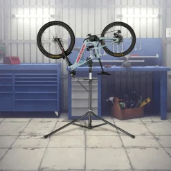 tectake® Fahrradmontageständer, Belastbarkeit 50 kg, klappbar mit Schnellverschlüssen, lackschonend, inklusive Vorderrad-Stabilisator und magnetischer Werkzeugablage