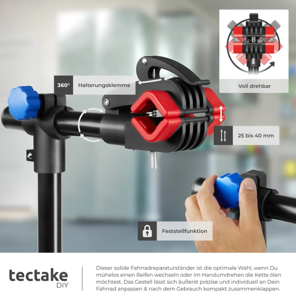 tectake® Fahrradmontageständer, klappbar, für alle gängigen Modelle, lackschonend, inklusive Werkzeugablage