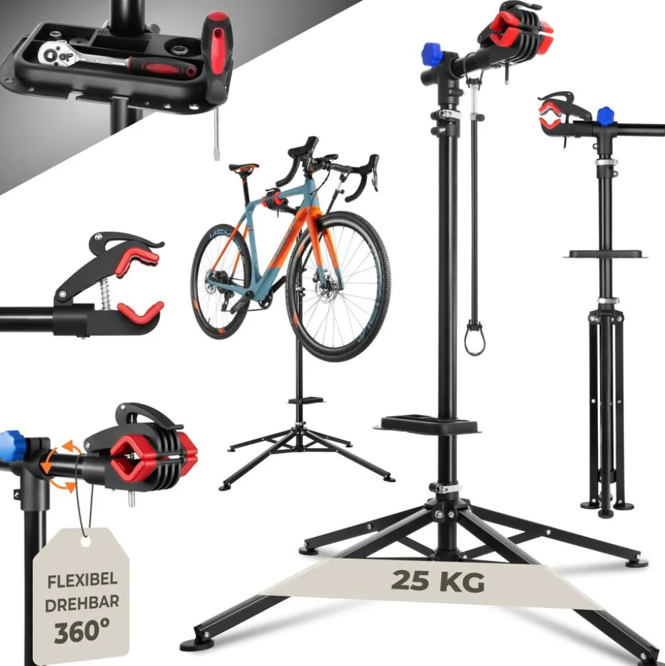 tectake® Fahrradmontageständer, klappbar, für alle gängigen Modelle, lackschonend, inklusive Werkzeugablage