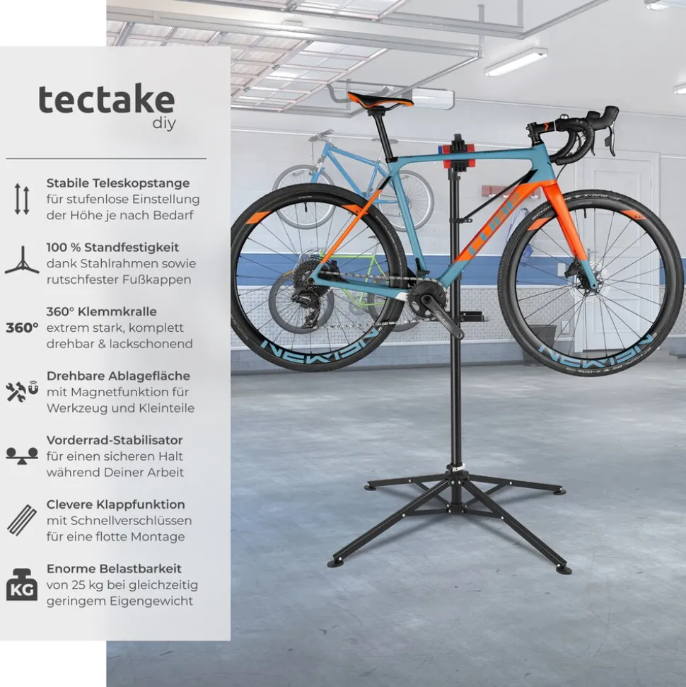 tectake® Fahrradmontageständer, klappbar, für alle gängigen Modelle, lackschonend, inklusive Werkzeugablage