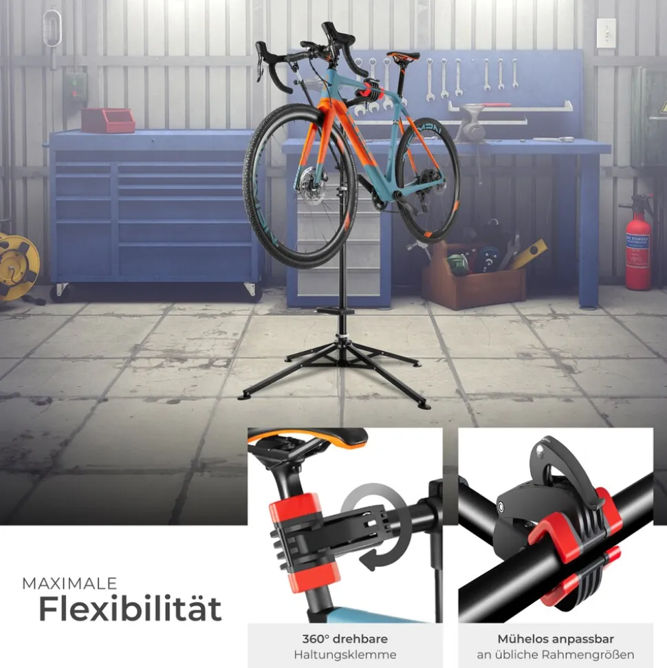tectake® Fahrradmontageständer, klappbar, für alle gängigen Modelle, lackschonend, inklusive Werkzeugablage
