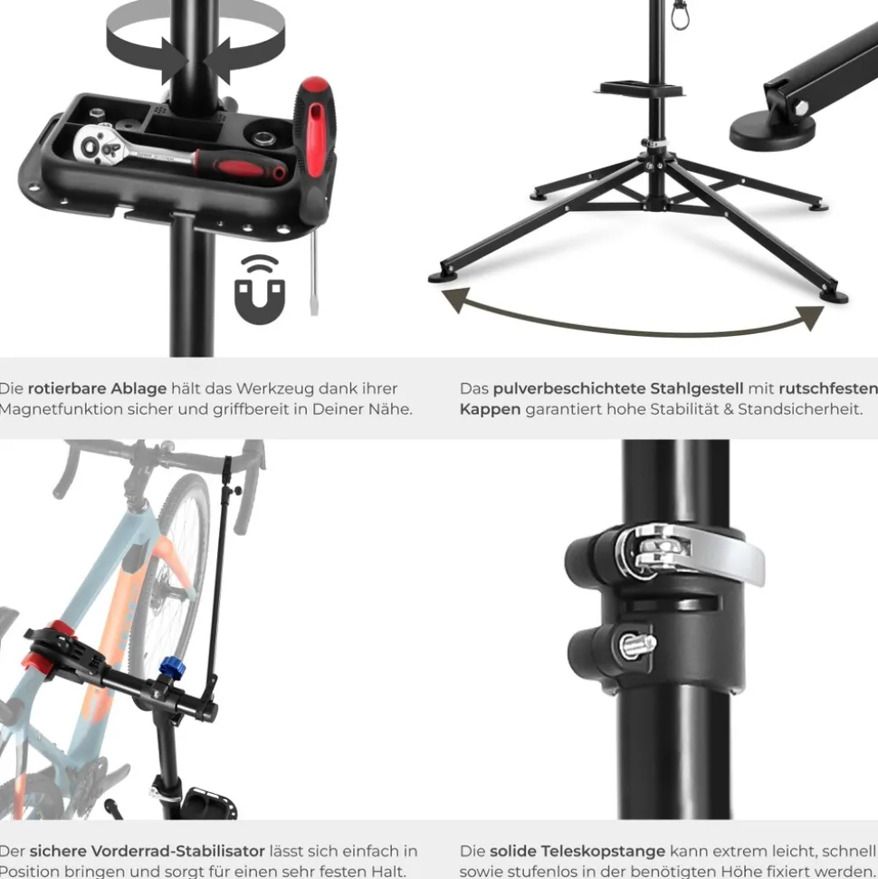 tectake® Fahrradmontageständer, klappbar, für alle gängigen Modelle, lackschonend, inklusive Werkzeugablage
