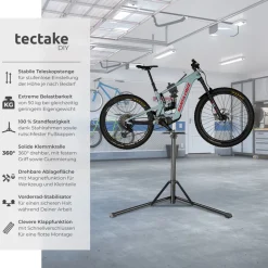 tectake® Fahrradmontageständer, Belastbarkeit 50 kg, klappbar mit Schnellverschlüssen, lackschonend, inklusive Vorderrad-Stabilisator und magnetischer Werkzeugablage