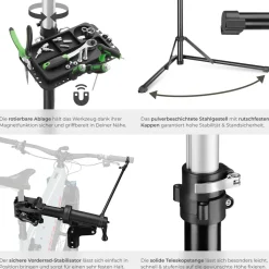 tectake® Fahrradmontageständer, Belastbarkeit 50 kg, klappbar mit Schnellverschlüssen, lackschonend, inklusive Vorderrad-Stabilisator und magnetischer Werkzeugablage