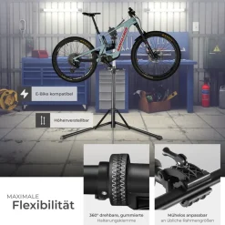 tectake® Fahrradmontageständer, Belastbarkeit 50 kg, klappbar mit Schnellverschlüssen, lackschonend, inklusive Vorderrad-Stabilisator und magnetischer Werkzeugablage