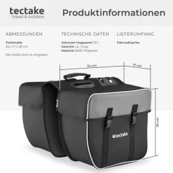 tectake® Fahrradtasche, für den Gepäckträger, mit Schnallenverschluss, Tragegriff und Reflektorstreifen, 34 x 17 x 30 cm