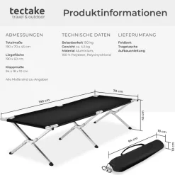 tectake® Feldbett mit Aluminiumgestell, klappbar, Belastbarkeit 150 kg, 190 x 70 x 45 cm