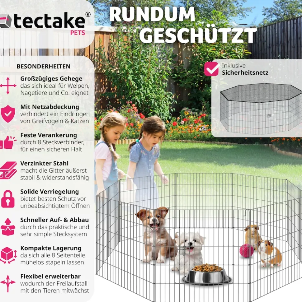 tectake® Freilaufgehege, aus 8 Gitterelementen, große Tür mit Verriegelung, 145 x 73 cm