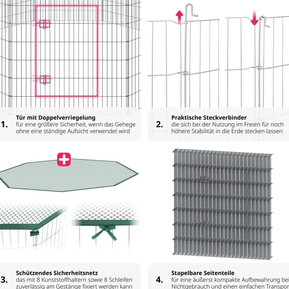 tectake® Freilaufgehege , aus 8 Gitterelementen, große Tür mit Doppelverriegelung, Ø 204 x 93 cm