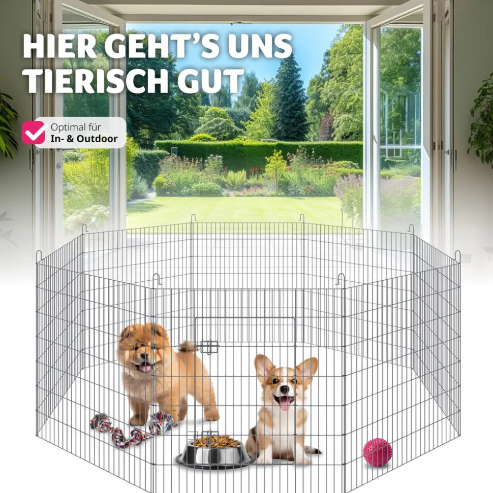 tectake® Freilaufgehege , aus 8 Gitterelementen, große Tür mit Doppelverriegelung, Ø 204 x 93 cm