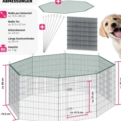 tectake® Freilaufgehege , aus 8 Gitterelementen, große Tür mit Doppelverriegelung, Ø 204 x 93 cm