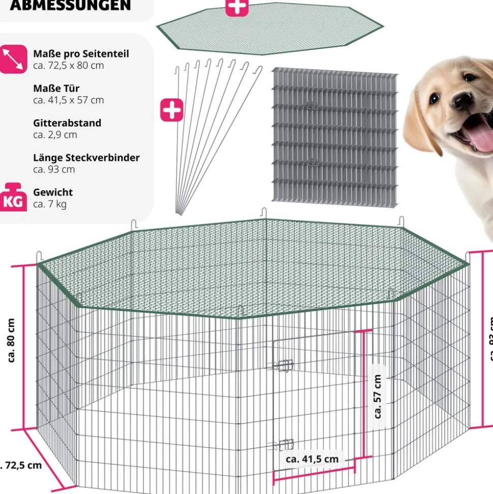 tectake® Freilaufgehege , aus 8 Gitterelementen, große Tür mit Doppelverriegelung, Ø 204 x 93 cm