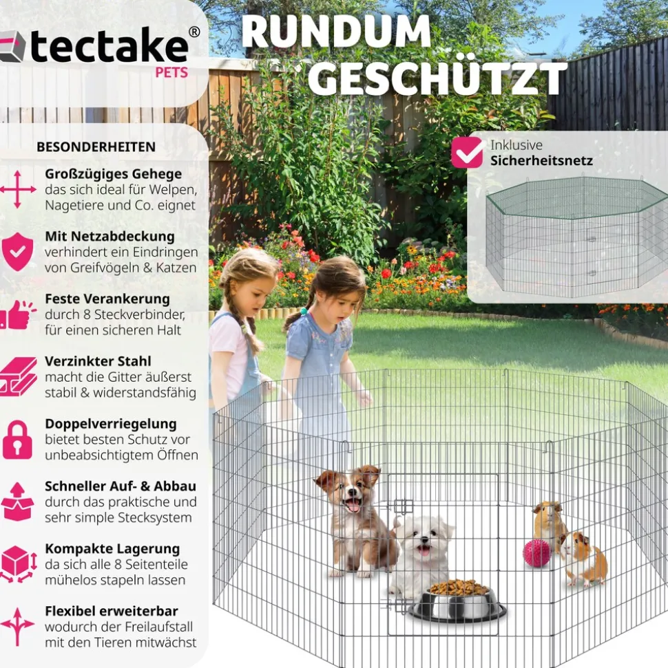 tectake® Freilaufgehege , aus 8 Gitterelementen, große Tür mit Doppelverriegelung, Ø 204 x 93 cm