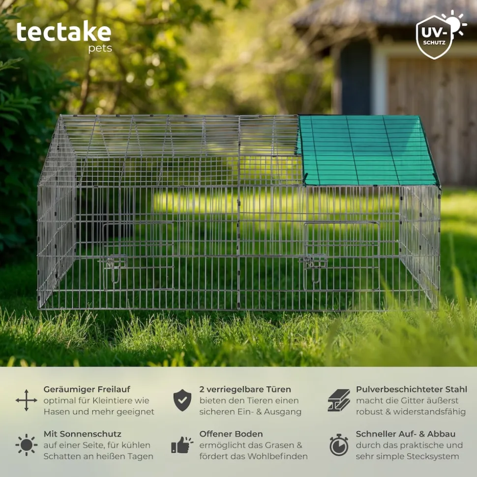 tectake® Freilaufgehege für Kaninchen, aus 12 Gitterelementen, 2 Türen, 180 x 75 x 75 cm