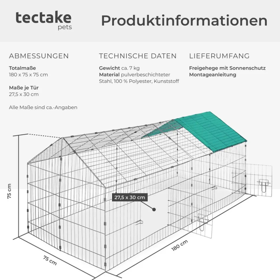 tectake® Freilaufgehege für Kaninchen, aus 12 Gitterelementen, 2 Türen, 180 x 75 x 75 cm
