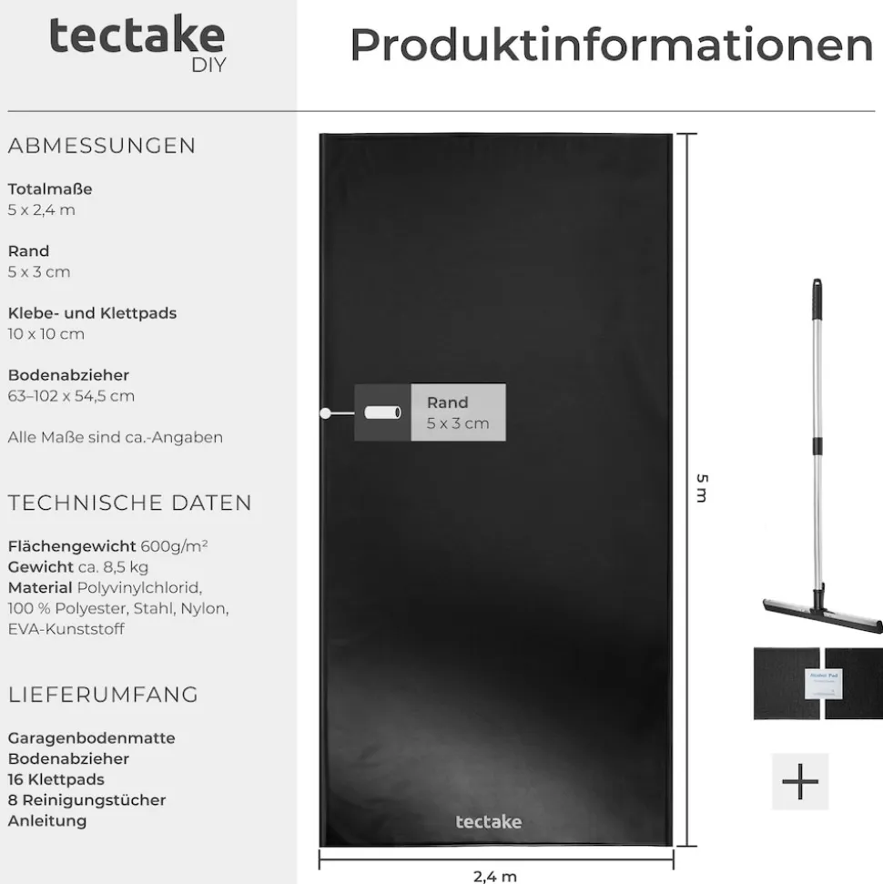 tectake® Garagenbodenmatte, 2,4 x 5 m, mit Klettpads und Alkoholtüchern, inklusive ausziehbarem Abzieher
