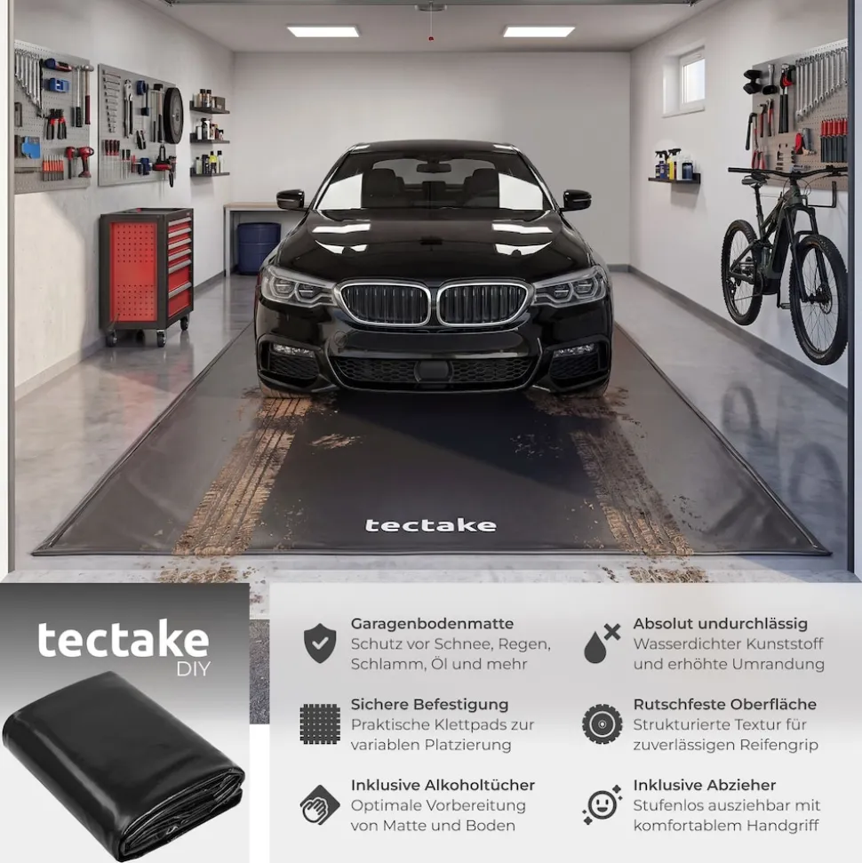 tectake® Garagenbodenmatte, 2,4 x 5 m, mit Klettpads und Alkoholtüchern, inklusive ausziehbarem Abzieher