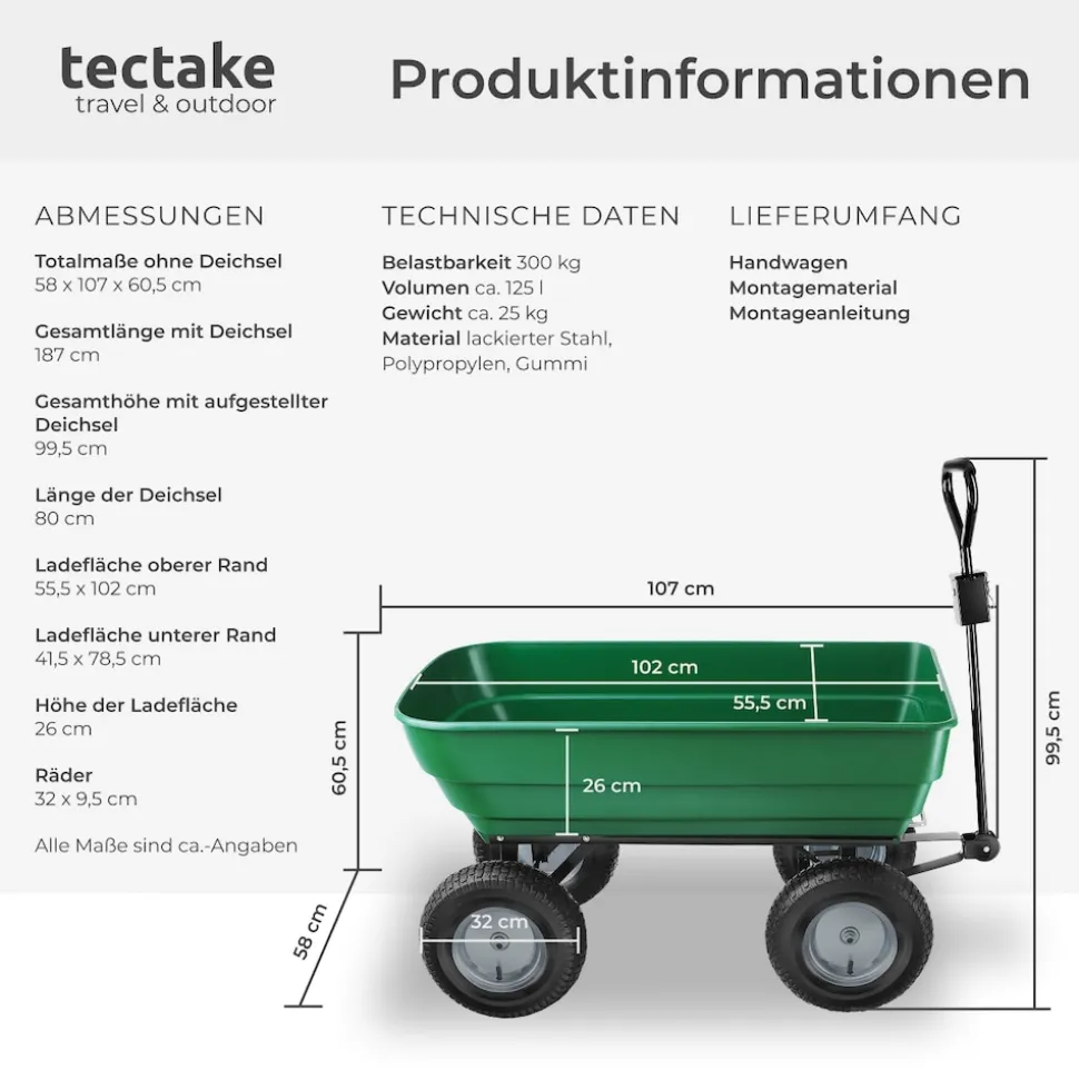 tectake® Gartenwagen, mit Kippfunktion, leichtgängige Lenkachse, Belastbarkeit 300 kg