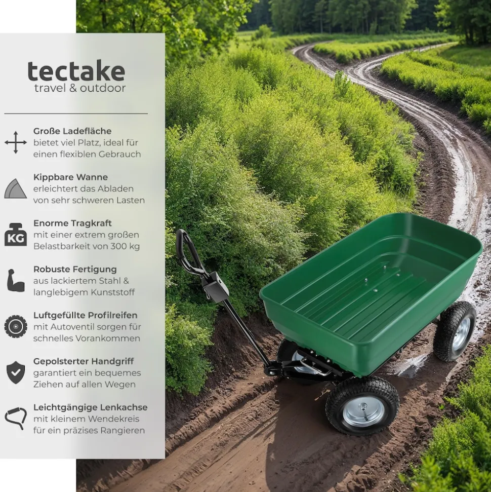 tectake® Gartenwagen, mit Kippfunktion, leichtgängige Lenkachse, Belastbarkeit 300 kg