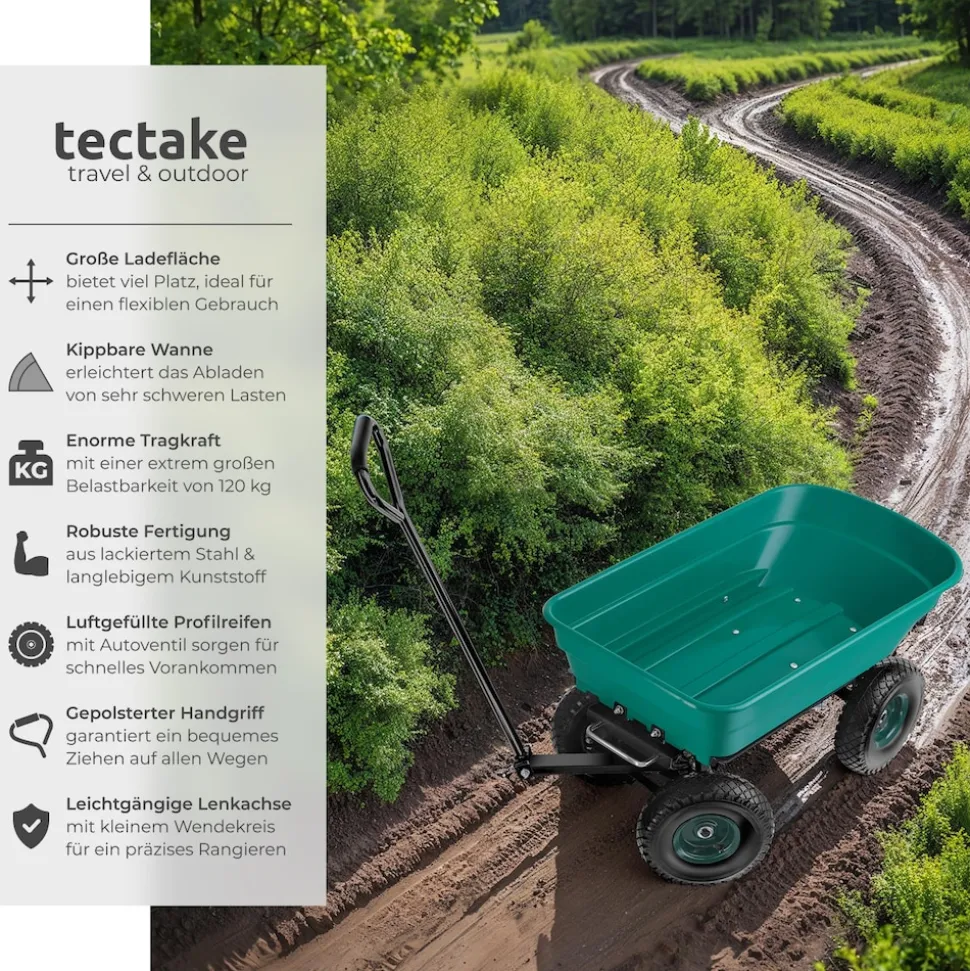 tectake® Gartenwagen, mit Kippfunktion, leichtgängige Lenkachse, Belastbarkeit 120 kg