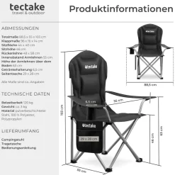 tectake® Gepolsterter Campingstuhl, faltbar, inkl. Tragetasche, wasserabweisendes 600D Oxford-Gewebe, 88,5 x 55 x 103 cm, Belastbarkeit 120 kg