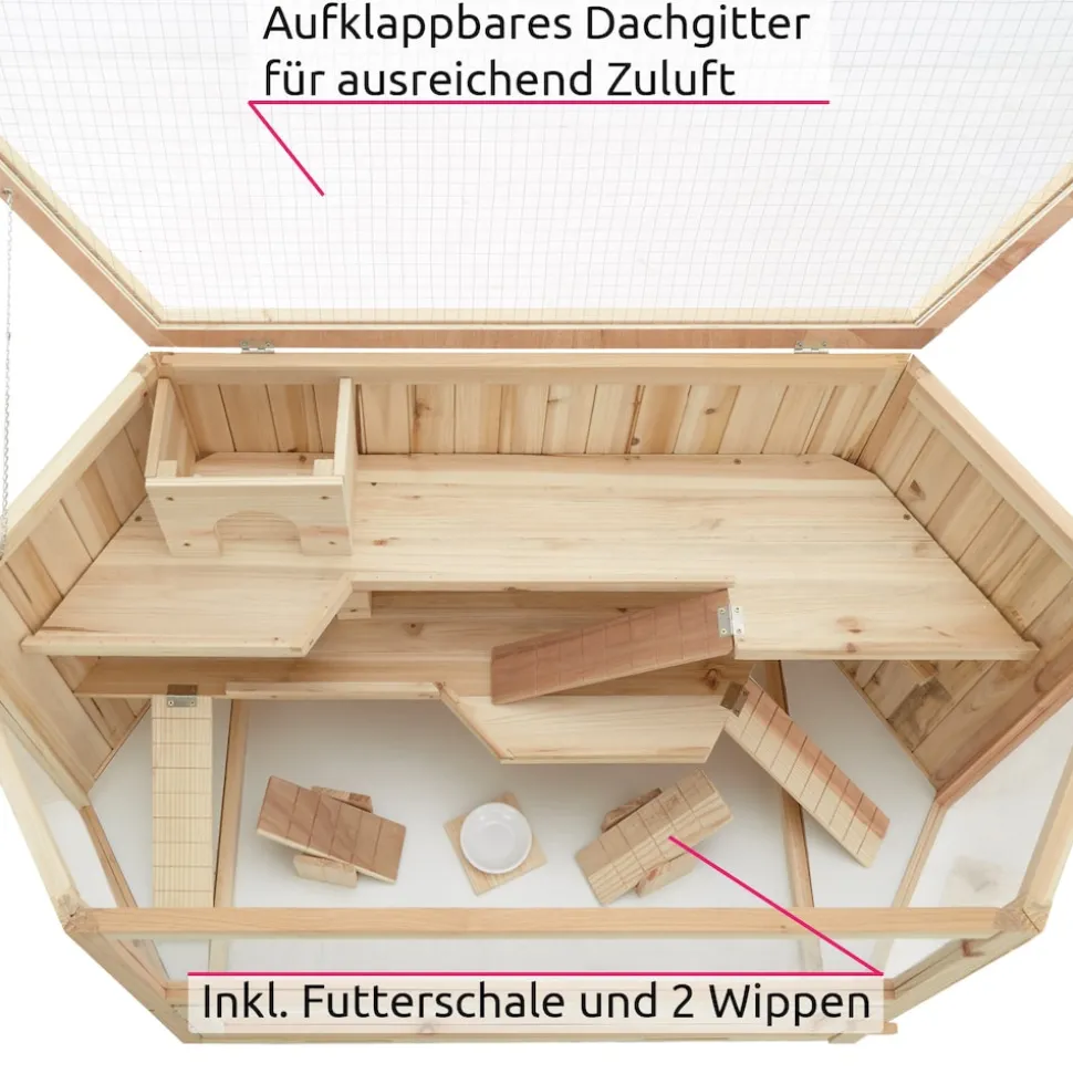 tectake® Hamsterkäfig, aus Holz, aufklappbares Dachgitter, 115 x 60 x 58 cm
