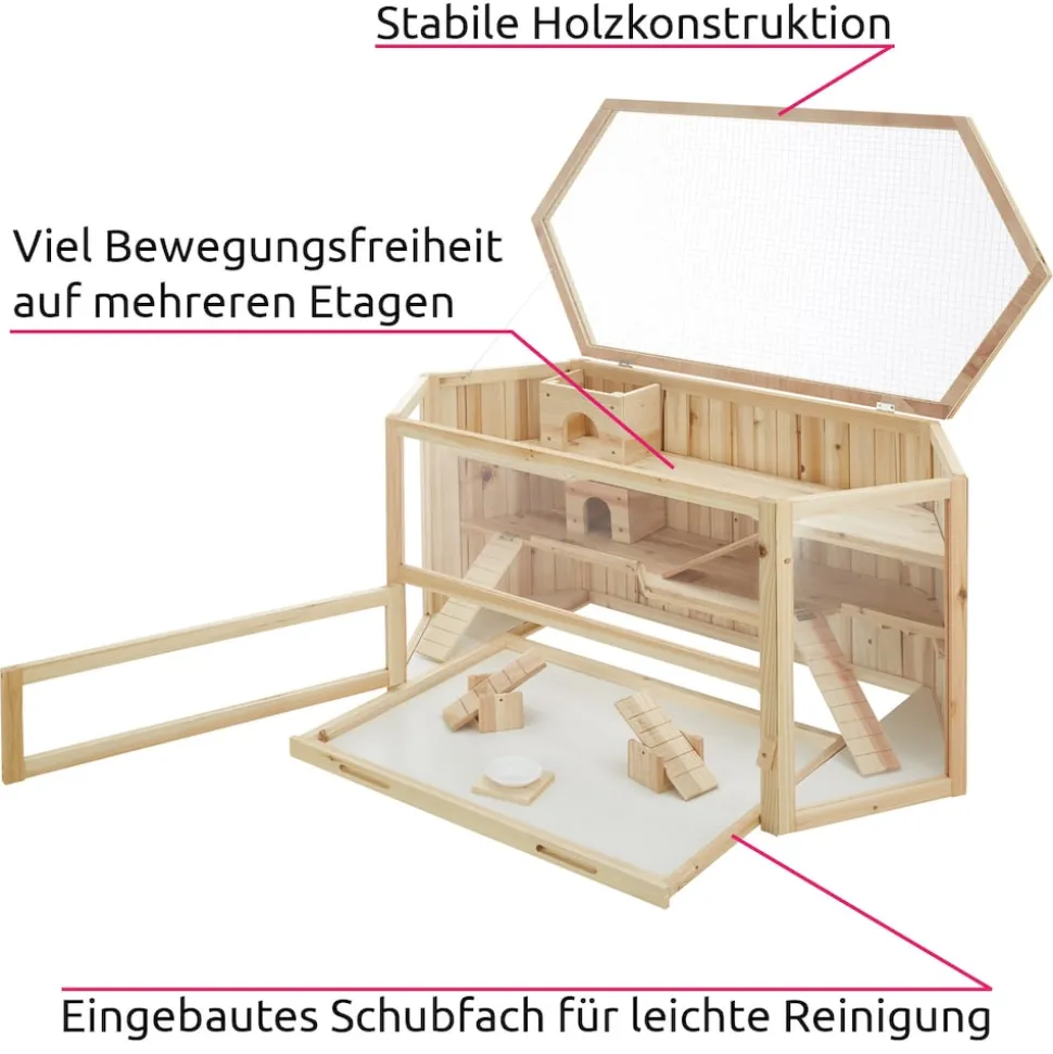 tectake® Hamsterkäfig, aus Holz, aufklappbares Dachgitter, 115 x 60 x 58 cm