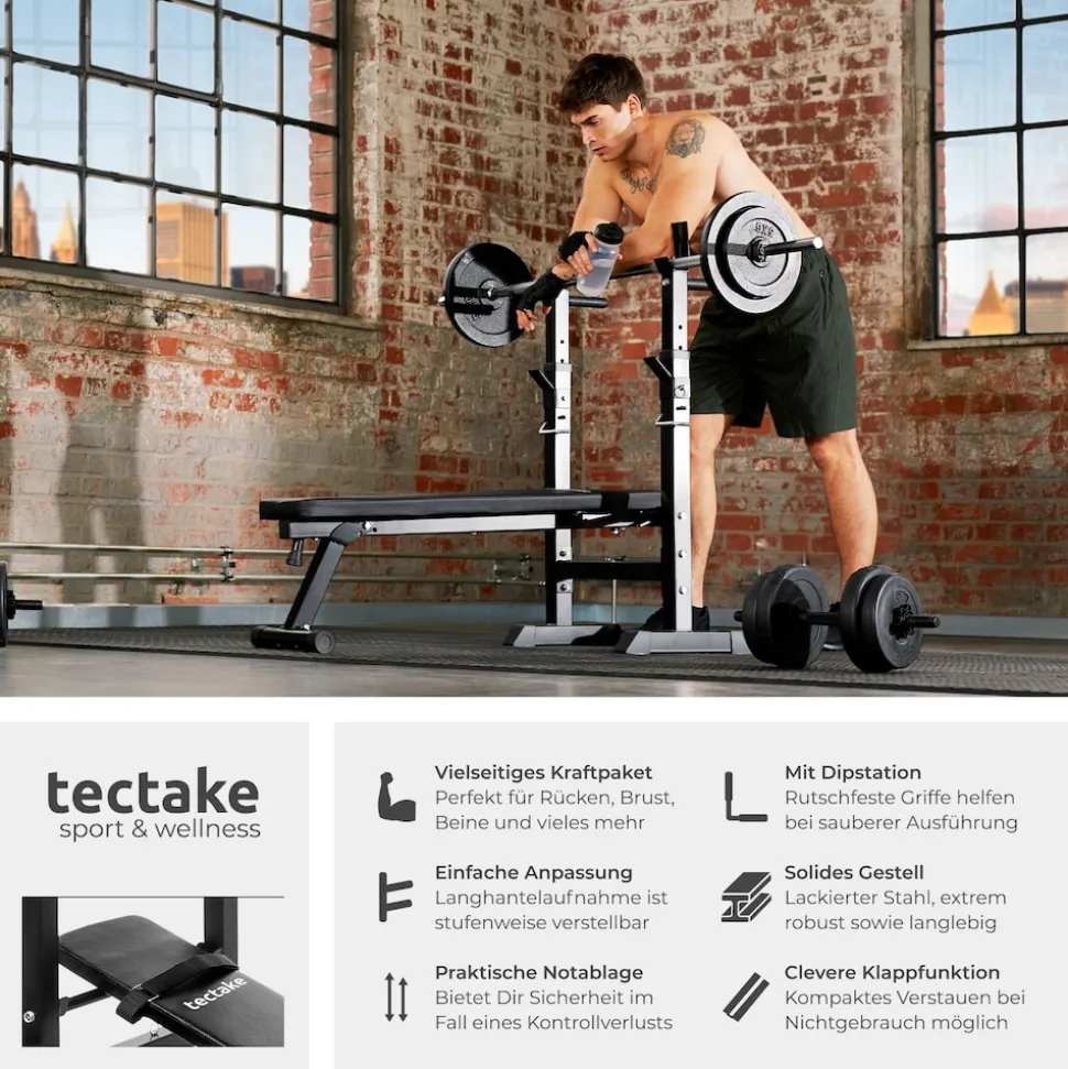 tectake® Hantelbank, klappbar, gepolstert mit Kunstlederbezug, rutschfest, 118 x 55 x 106 cm