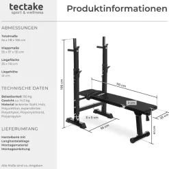 tectake® Hantelbank, klappbar, gepolstert mit Kunstlederbezug, rutschfest, 118 x 55 x 106 cm