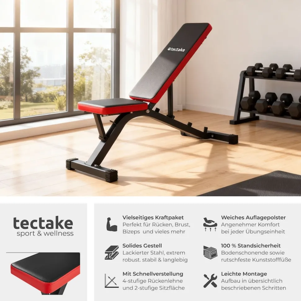 tectake® Hantelbank, mit Schnellverstellung, Sitz 2-fach verstellbar, rutschfest, 116 x 51 x 122 cm