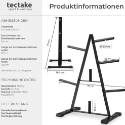 tectake® Hantelscheibenständer, mit 7 Aufnahmen, platzsparend, bodenschonende Kunststoffkappen, Belastbarkeit 200 kg
