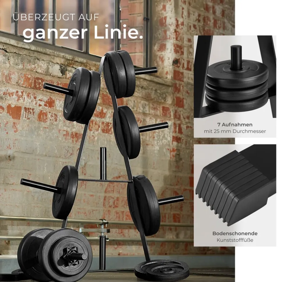 tectake® Hantelscheibenständer, mit 7 Aufnahmen, platzsparend, bodenschonende Kunststoffkappen, Belastbarkeit 200 kg